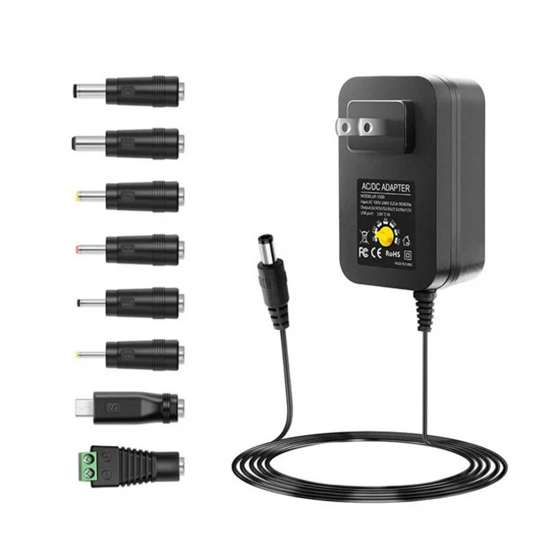 

30W Adjustable Charger, 3V/4.5V/5V/6V/7V/9V/12V Adjustable Power Adapter, with 8 Adapters, One USB Port, Suitable for Routers, Shavers, Speakers, Headsets and Other Small Household Appliances Charging Power Supply