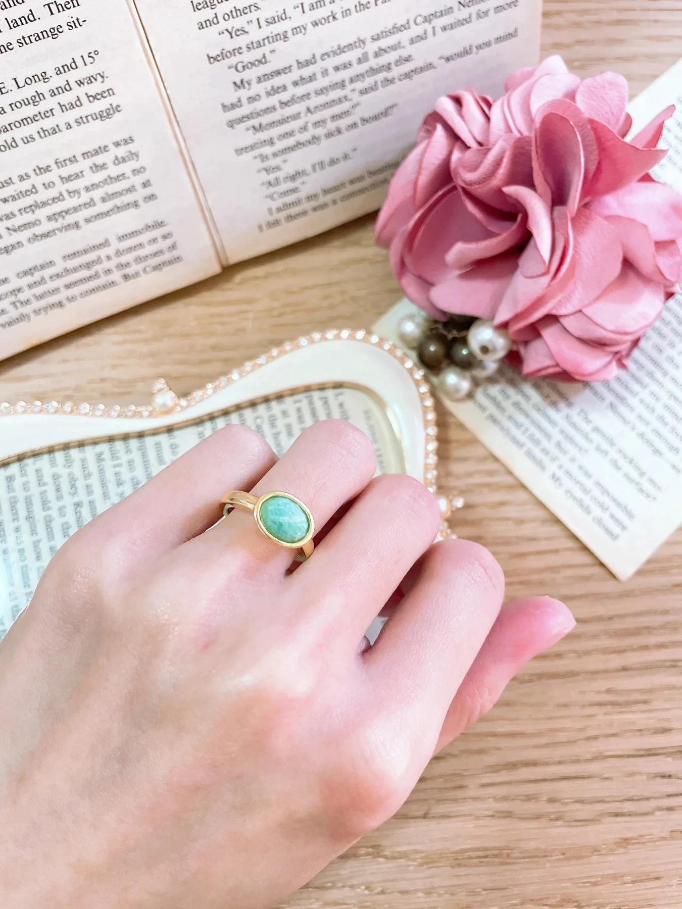 Natural Russian Amazonite Cab Ring Jewelry for Women Party Gift