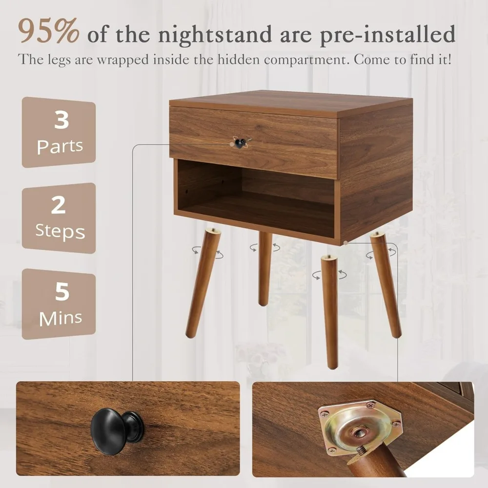 Hidden Compartment Night Stand Set 2, Mid Century Modern Concealment Furniture, End Table with Storage Drawer, Bedside Table wit