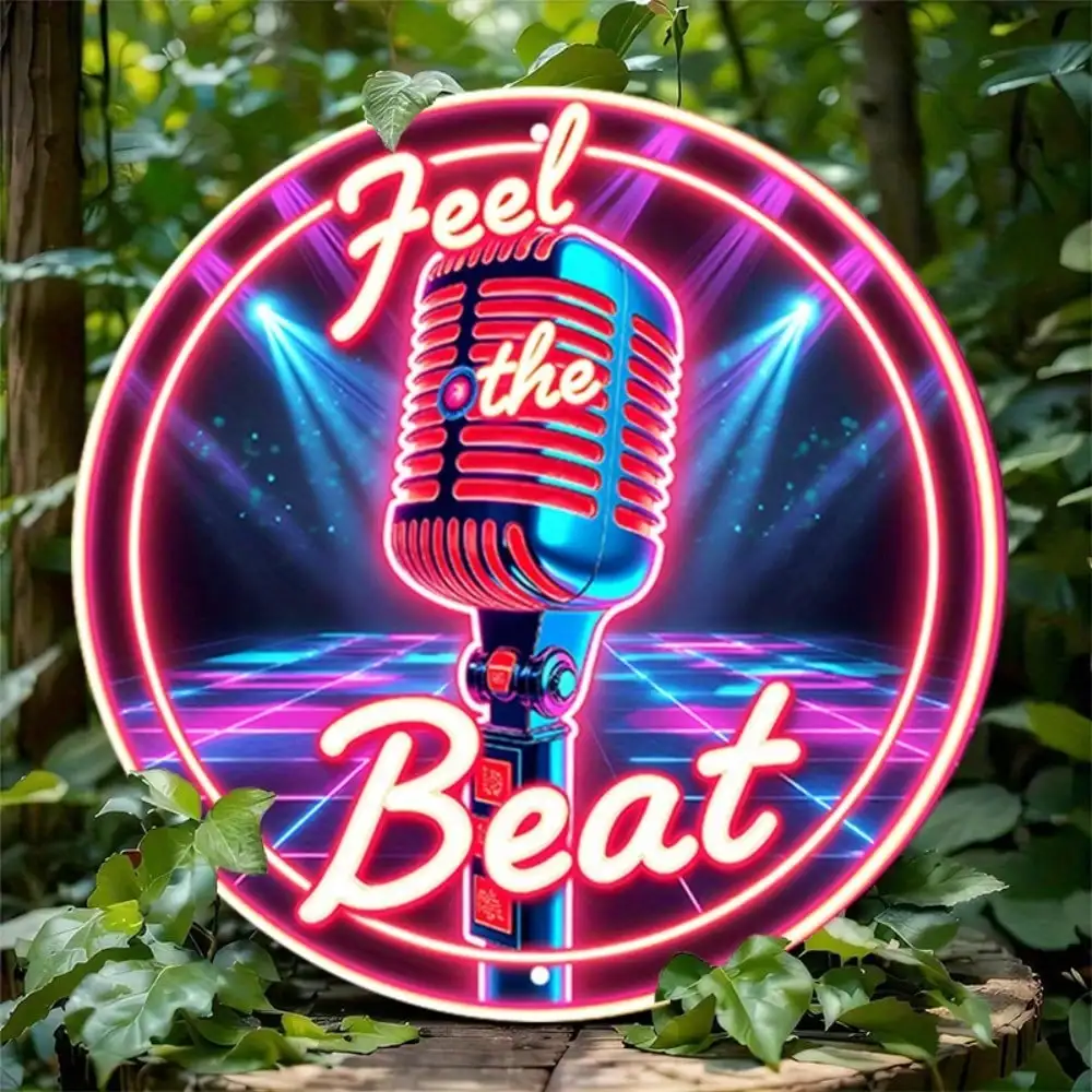 1pc Retro Disco Music Wall Art Sign, Aluminum Round Rustic Metal Decor with Neon Microphone for Home Bar Garage Decor