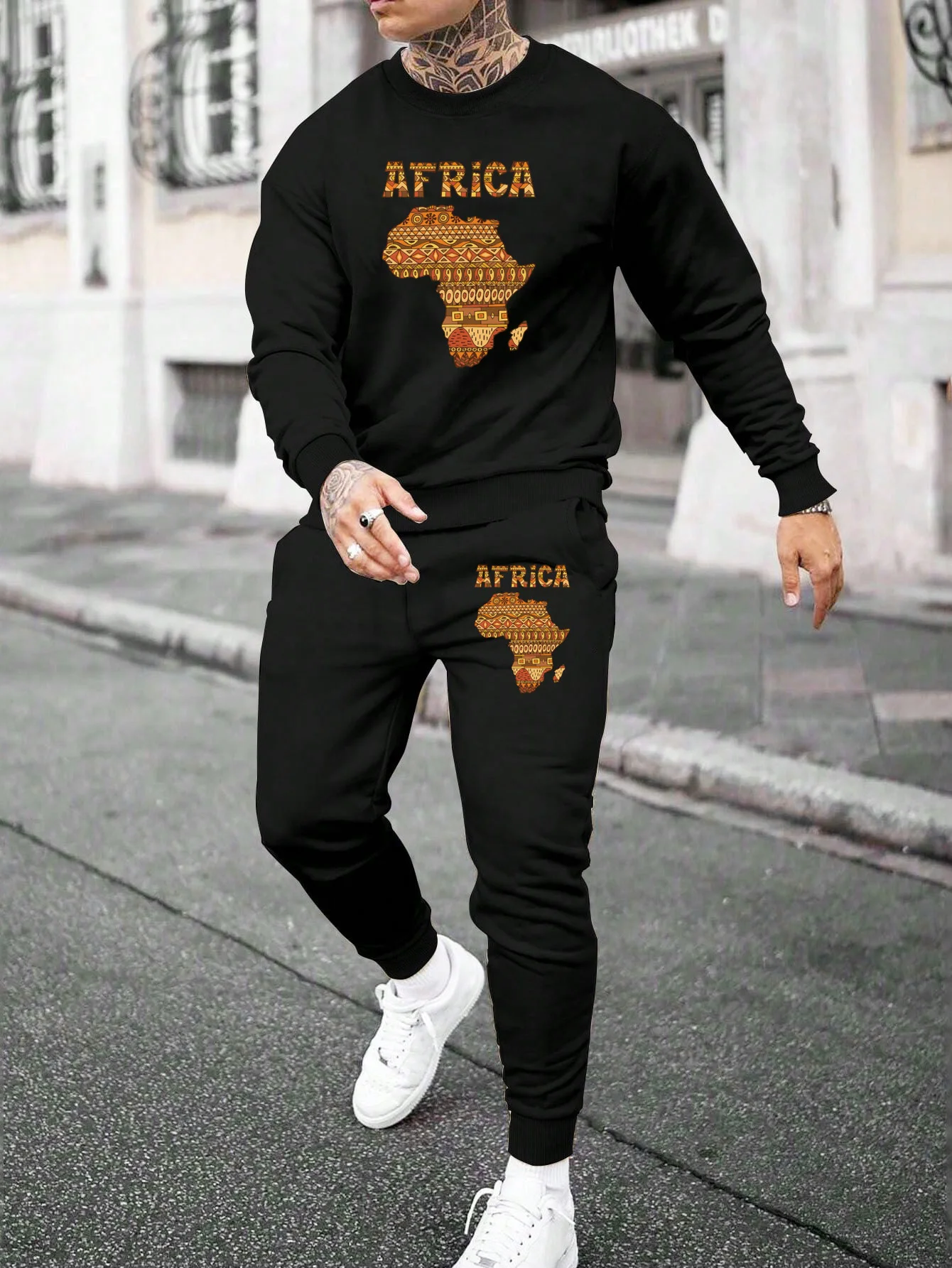

Y2K men's casual round neck sports suit autumn and winter loose African letter printed long sleeved sports pullover twopiece set