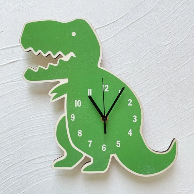 K1MF Wooden Cartoon Dinosaur Wall Clock Decoration Children Rooms Clock Kid Gift