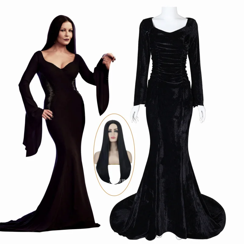 

Женский костюм для косплея Morticia, черный сексуальный облегающий парик, искусственное вечернее платье для Хэллоуина и карнавала