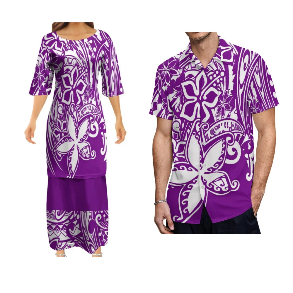 البولينيزية المرأة Puletasi الصيف زوجين دعوى قميص رجالي المرأة فستان طويل 2025 جديد ساموا القبلية تصميم الرجعية الفن فستان بتصميم بدلة