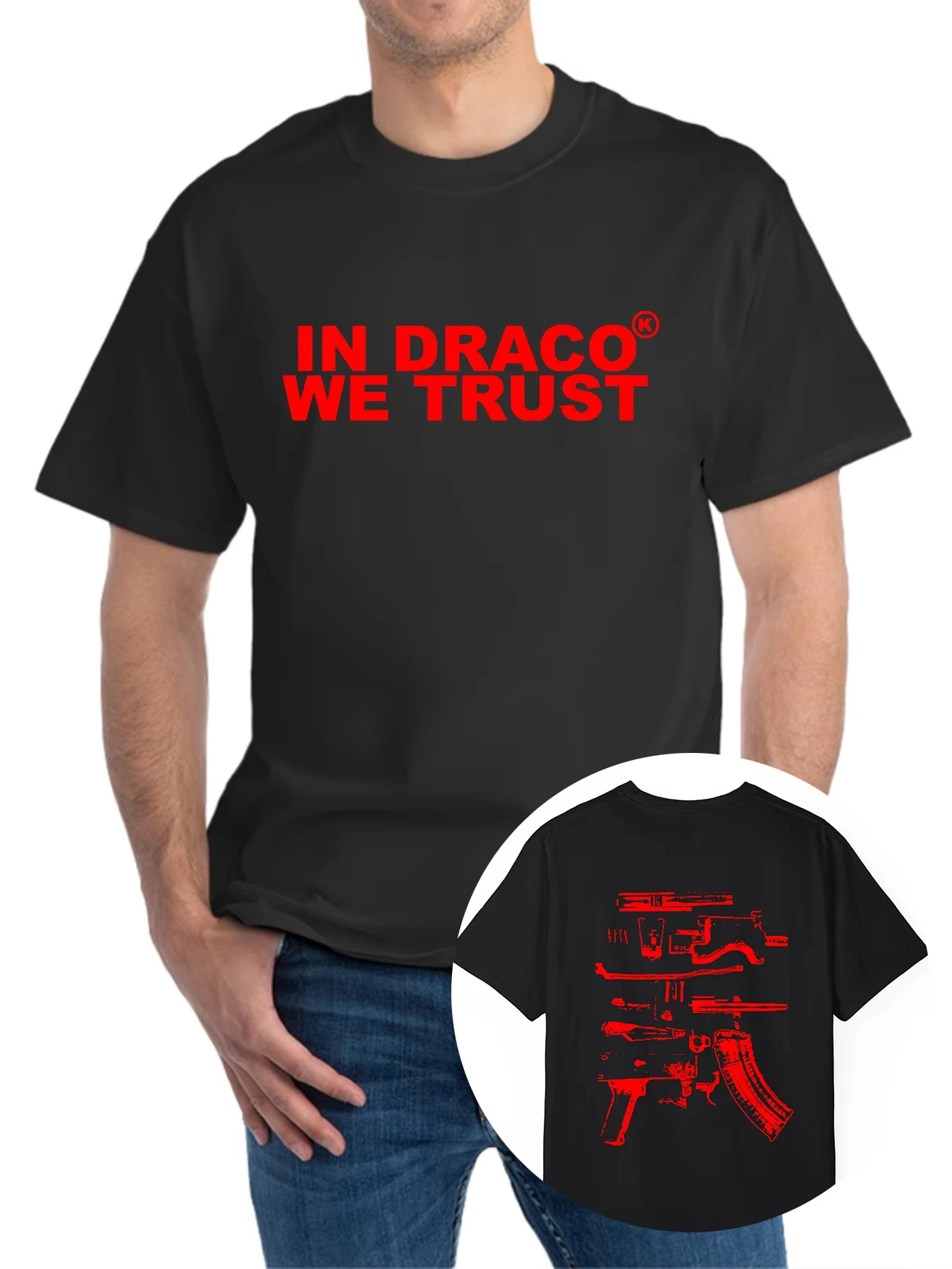 

Men'S Casual Cotton T-Shirt, 100% Crew Neck Short Sleeve Tee with "In Draco We Trust" Print, Knit Fabric