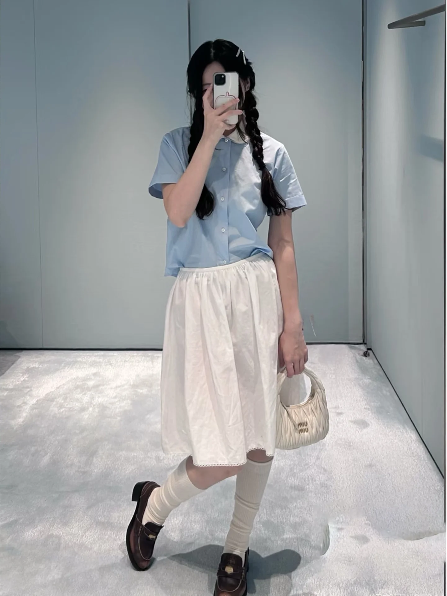 

Loose Cotton Short Sleeve Shirt with Letter Embroidery Doll Collar A-Line Skirt Set Women's Preppy Style Layering Top