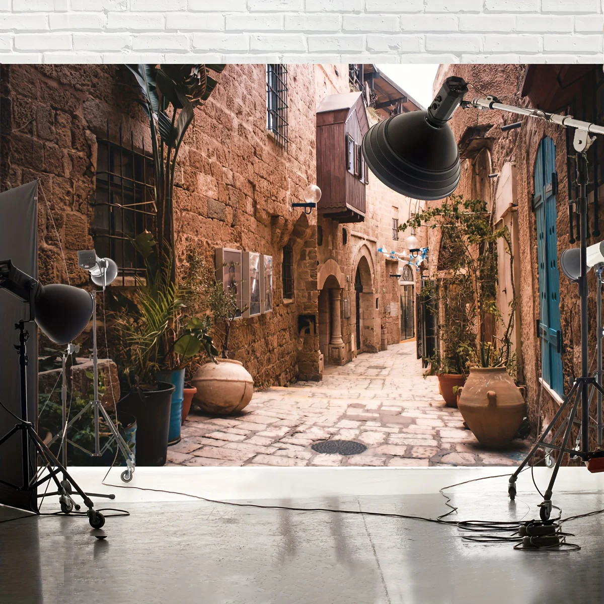Jerusalem Old City Street Backdrop Retro Stone Houses Wall Flowerpots Background For Party Decorations Photography Background