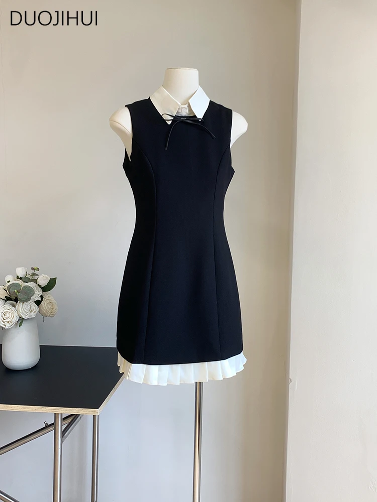 DUOJIHUI Black Sweet Bow Chic Button Casual Women Dresses Summer Contrast Color Classic Sleeveless Fashion Simple Female Dresses