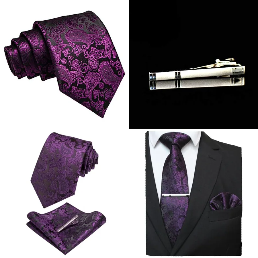 

Mens Solid Color Paisley Necktie and Pocket Square with Tie Clip Sets，Purple