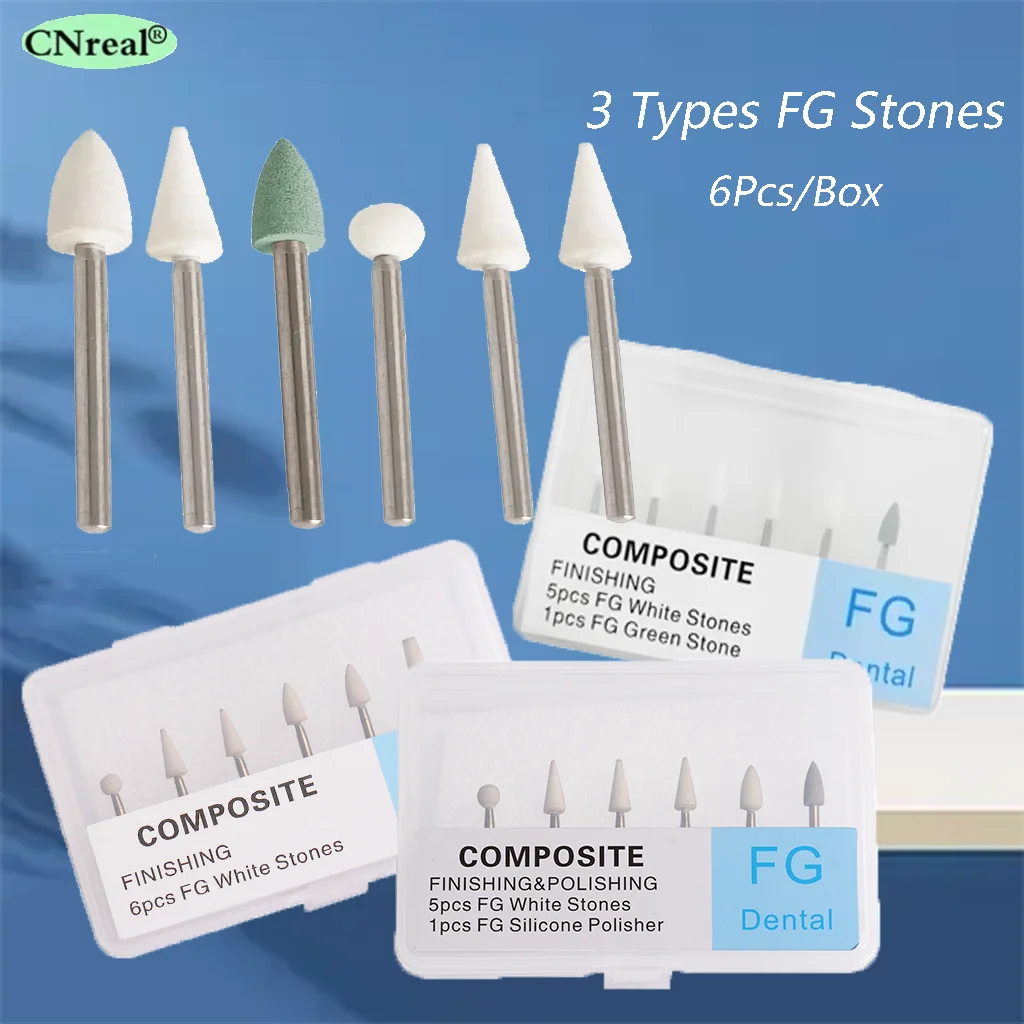 6Pcs/Box Dental White Stone Polishing FG Burs For High Speed Handpiece Orthodontic Flame Cone Round Grinding Head Dentistry Tool