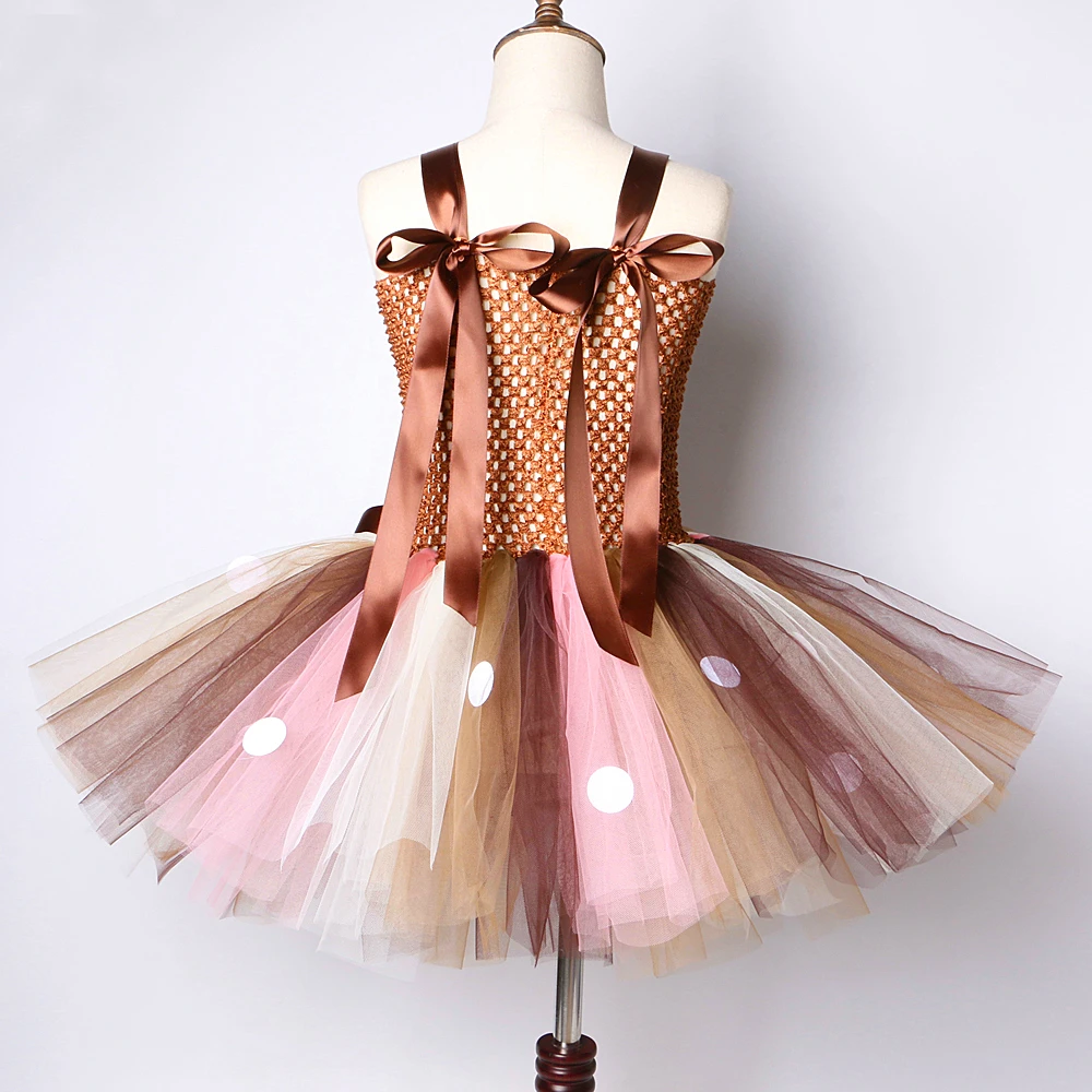 Brown Deer Tutu Dress for Girls Christmas Halloween Costume Kids Reindeer Princess Dresses Knee-length Xmas Children\'s Clothes