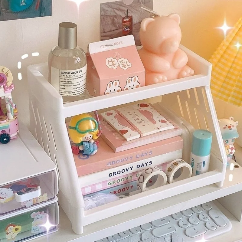 Kawaii Double Layers Desktop Storage Shelves Stationery Organizers Rack Large-capacity File Storage Tray Office Desk Accessories