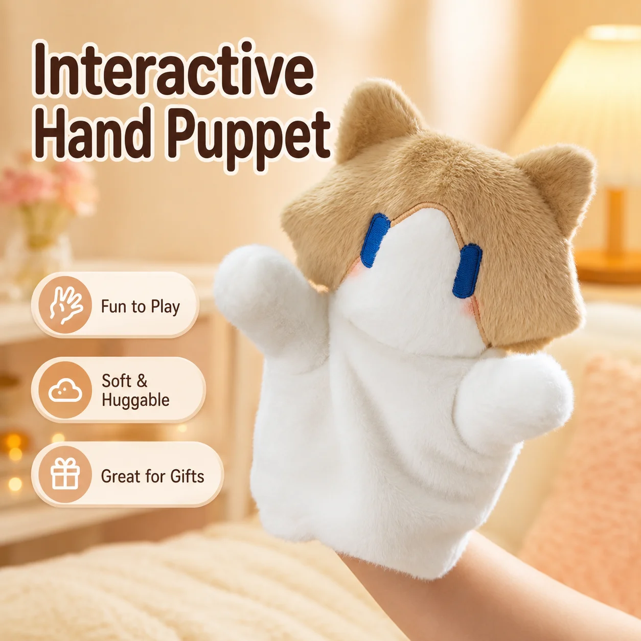 Cute Cat Hand Puppet Plush Toy Interactive Animal Doll Soft Stuffed Hand Puppet for Kids Funny Role Play Birthday Christmas Gift