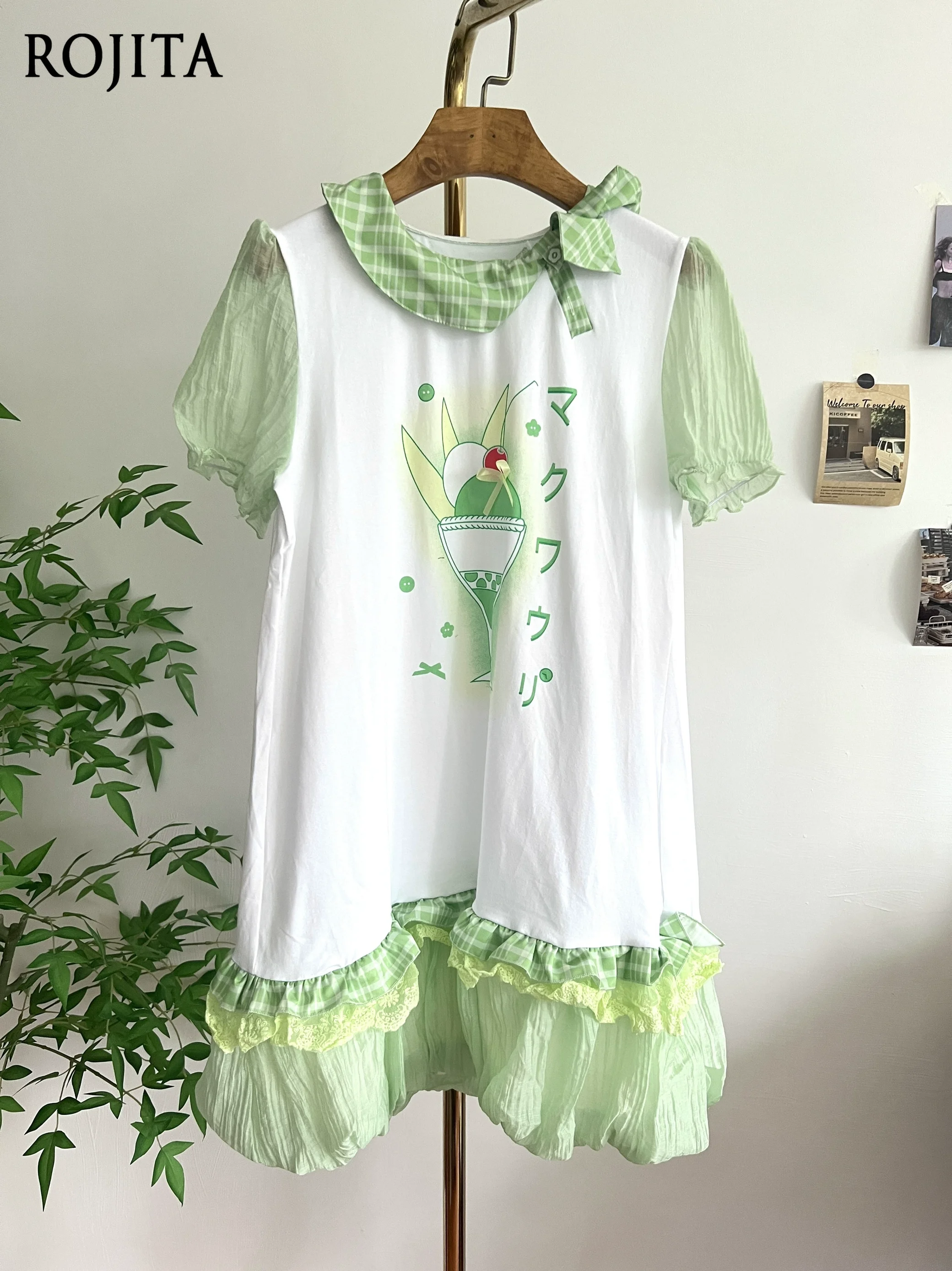 

Japanese Sweet Fairy Lace Patchwork A-Line Dress 2025 Summer Vintage Puff Sleeve Dresses Y2k Aesthetic Printing Dress Women