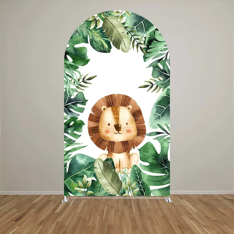 Mehofond Jungle Solid Color Animal Arched Backdrop Boy Birthday Party Tropical Green Leaves Decor Cover Double-sided Background