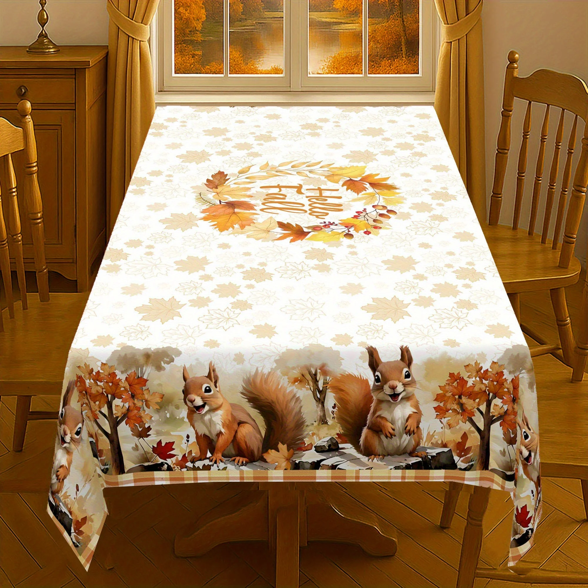 Tablecloth 1 piece - Autumn Squirrel Tablecloth - Orange Check Pattern with Maple Leaf Designzyc