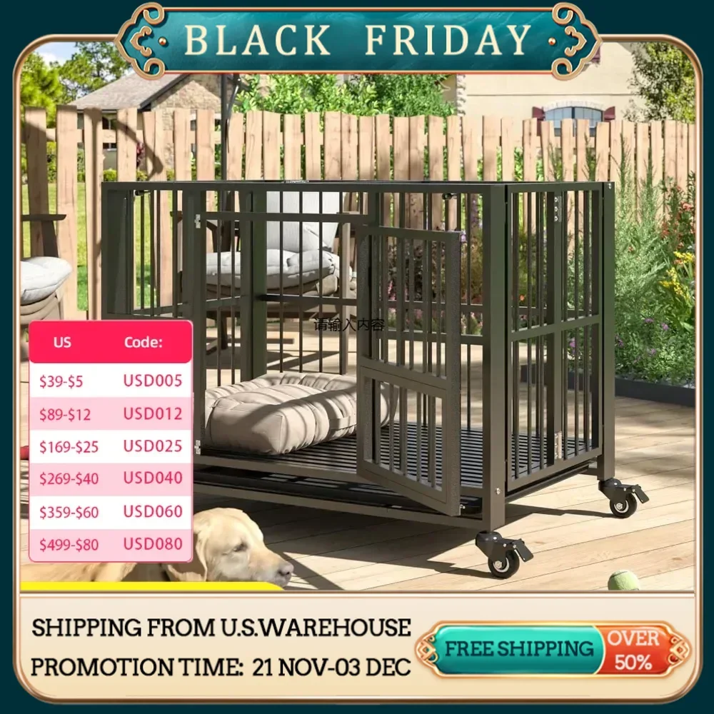 Heavy duty dog cage, folding kennel unassembled, anti-escape large dog cage with lockable wheels, high anxiety pet enclosure