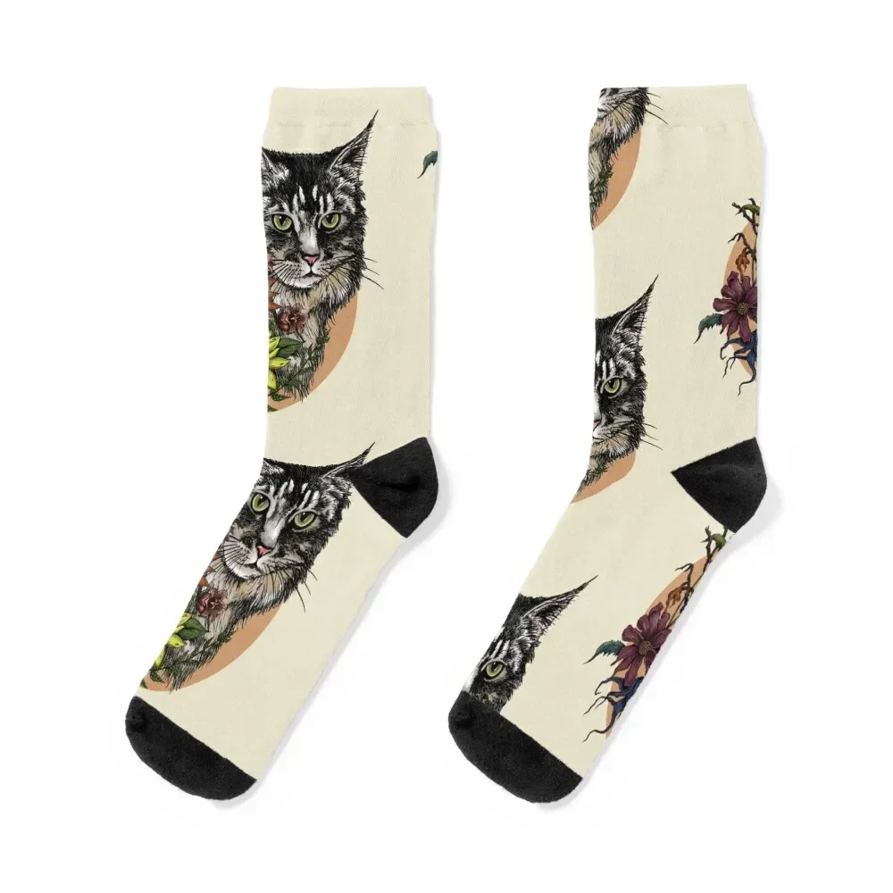 ShopForShelters: Proceeds Support No-Kill Shelter Initiatives - Maine Coon Cat in WildFlowers Socks loose man Boy Socks Women's