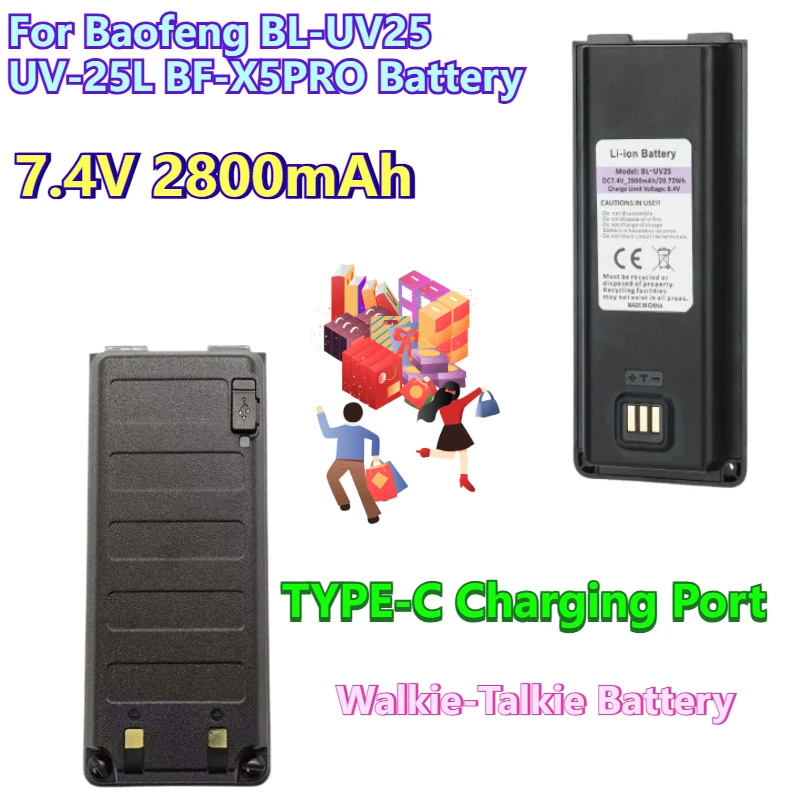 7,4 V 2800 mAh Walkie-Talkie-Akku für Baofeng BL-UV25 UV-25L BF-X5PRO Akku mit Typ-C-Ladeanschluss