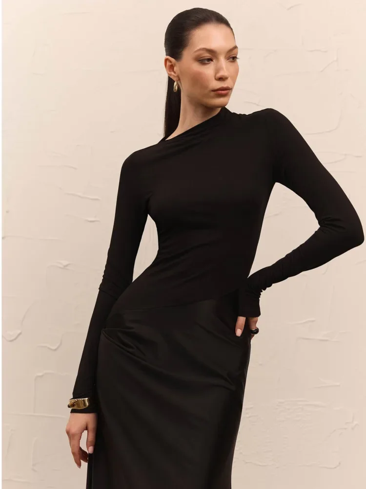 Chaxiaoa Elegant Satin Patchwork Long Sleeve Dress Women Fashion Bodycon Round Neck Party Club Evening Dress Winter New Vestidos