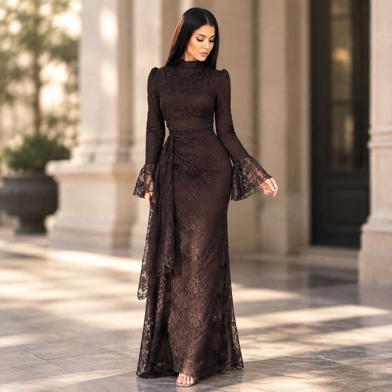 Winter Pleated Gown Mid Waist Elegant with Standing Collar Maxi Length Dresses Wedding Guest Long Dress Autumn Winter for Women