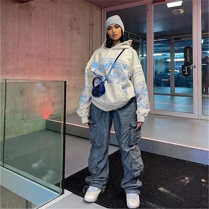 كنزات بغطاء رأس مع طباعة حروف للنساء ، كنزة رياضية وسراويل ، كنزة صوفية بانك ، كم طويل ، جيب ، كنزة رياضية هيب هوب ، معطف هاراجاكا ، بانك ، Y2K #4