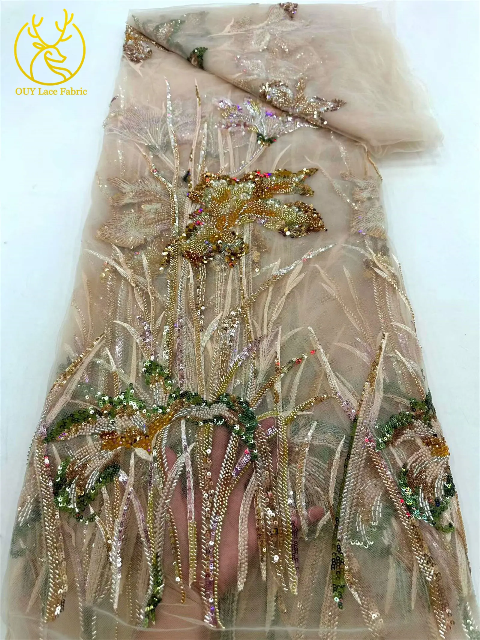 Modischer Afrikanischer Perlen-Pailletten-Spitzenstoff 2026 Hochwertiger Französischer Tüll Nigerianisches Damen-Abendkleid Nähzubehör 5 Yards – Detail 5
