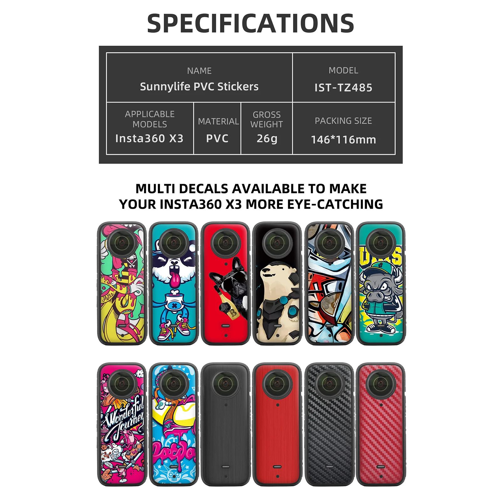 2 Sets Cartoon Sticker Protective Film Waterproof Scratch-proof Decals Removable Skin Cover for Insta360 X3 Camera Accessories