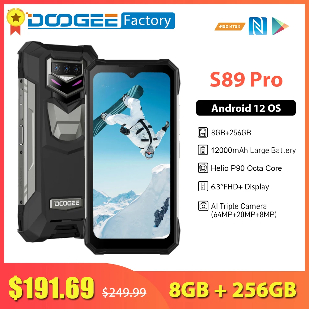 DOOGEE S89 Pro 12000mAh Battery 65W Fast Charging Smartphone 64MP Camera 8GB 256GB Mobile Phone 6.3 Inch Android 12 Cellphones