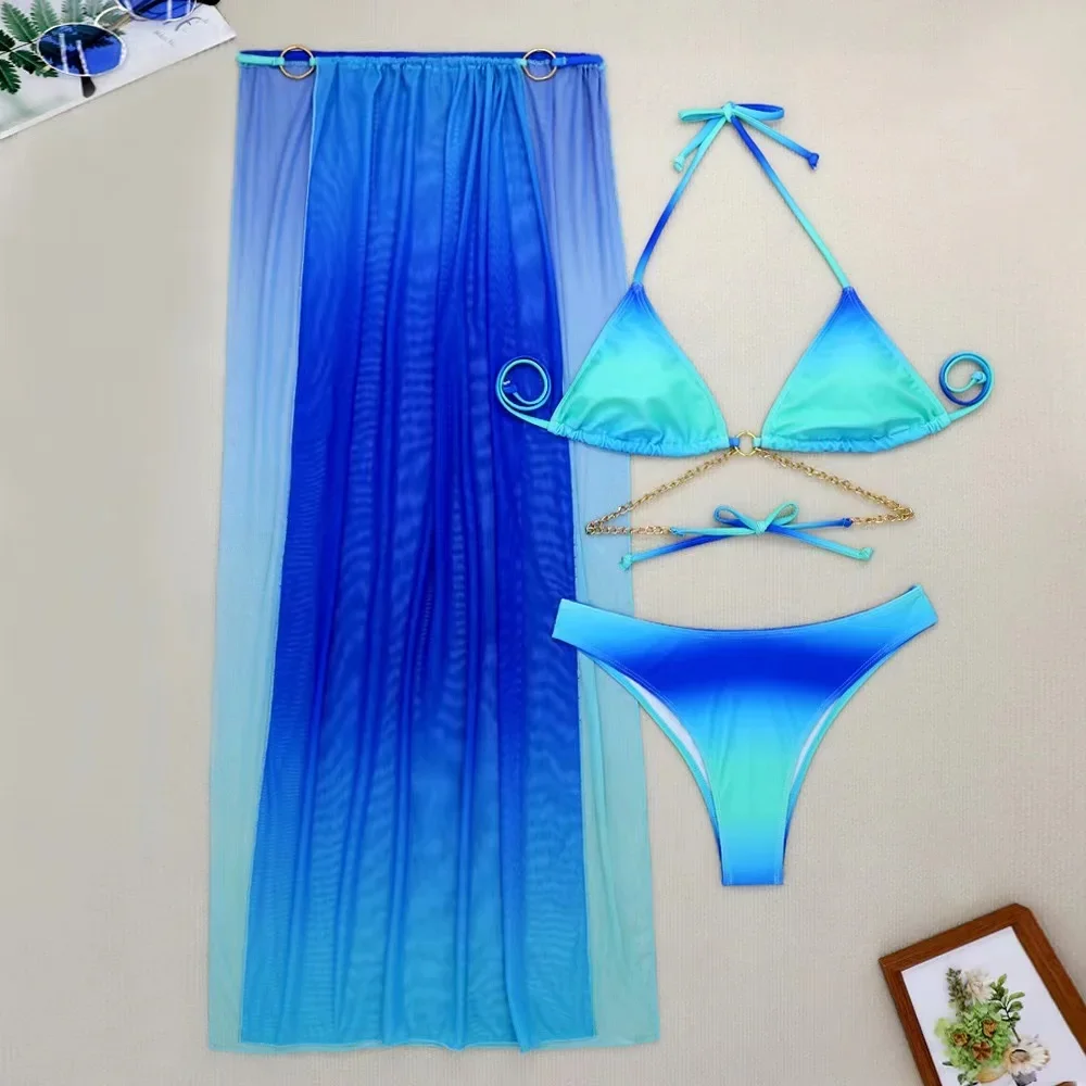 2024 trzyczęściowy stringi Bikini Set Strój kąpielowy damski Kimono Strój kąpielowy Seksowny gradientowy metalowy krzyżowy kostium kąpielowy Bikini