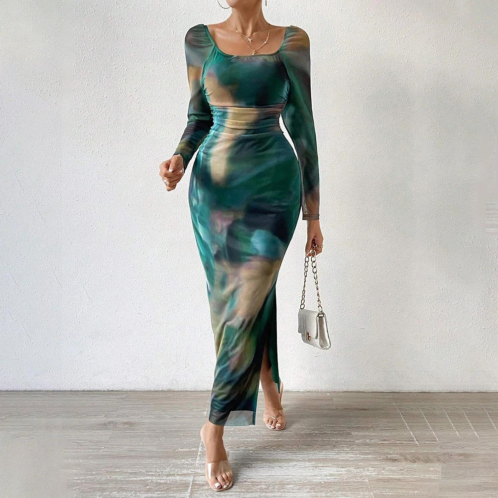 가을 겨울 여성 드레스 패션 슬림핏 그라데이션 롱 슬리브 스쿱넥 맥시 드레스