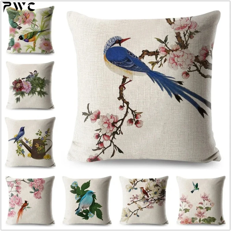 Watercolor Lovely Birds Flowers Robin Tit Finch Hummingbird Goldfinch Sparrow Berries Tufted Flowers Cushion Cover Pillow Case