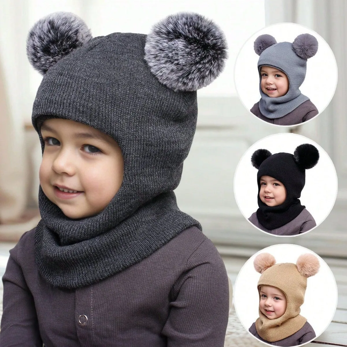 

1 pack of 2-10-year-old children's solid color Barakfa hat cute double ball design cold-proof warm children's hat
