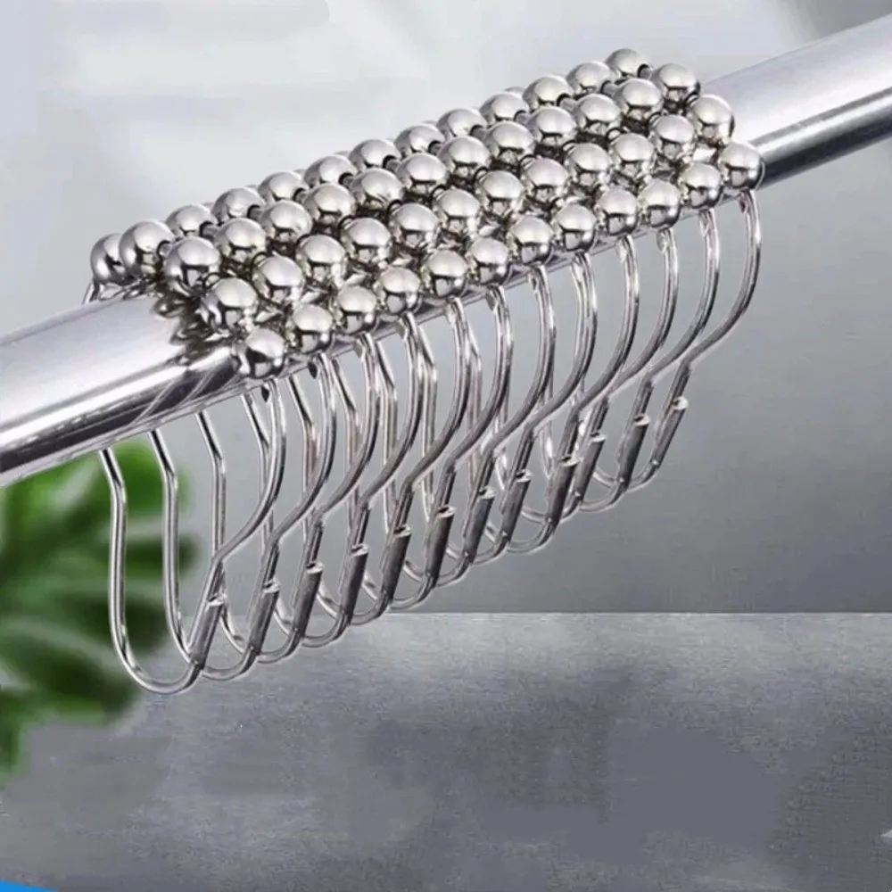

12pcs 304 Stainless Steel Shower Curtain Hooks Rust-proof Sliver Shower Rod Hooks Heavy-Duty Five Beads Gourd Drapery Clips