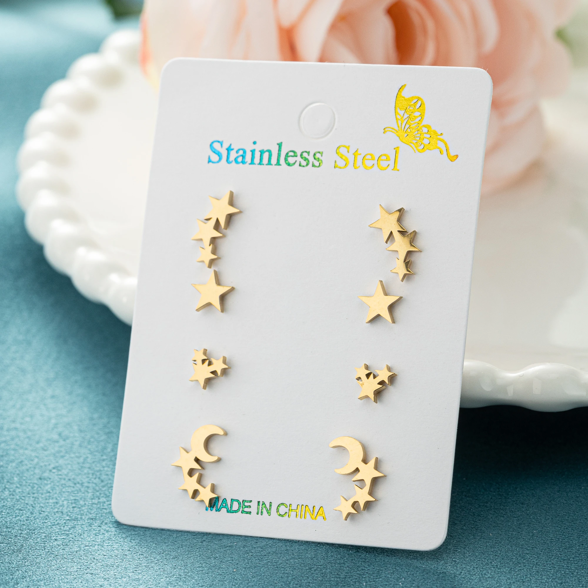 Pendientes de tuerca de estrella de pentagrama para mujer y niña, Piercing de oreja, joyería, regalo de fiesta de cumpleaños, venta al por mayor, 4 pares por lote