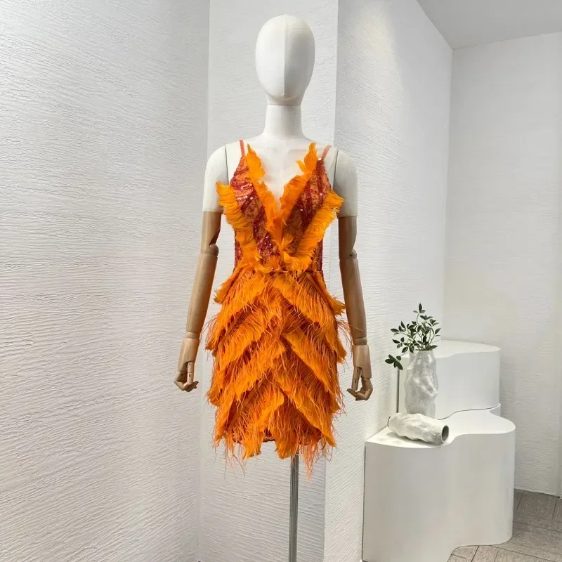 Worldcloset Female 2024 Personalized High Quality Sexy Orange Ostrich Feather Patchwork Deep  V Neck Mini Dress