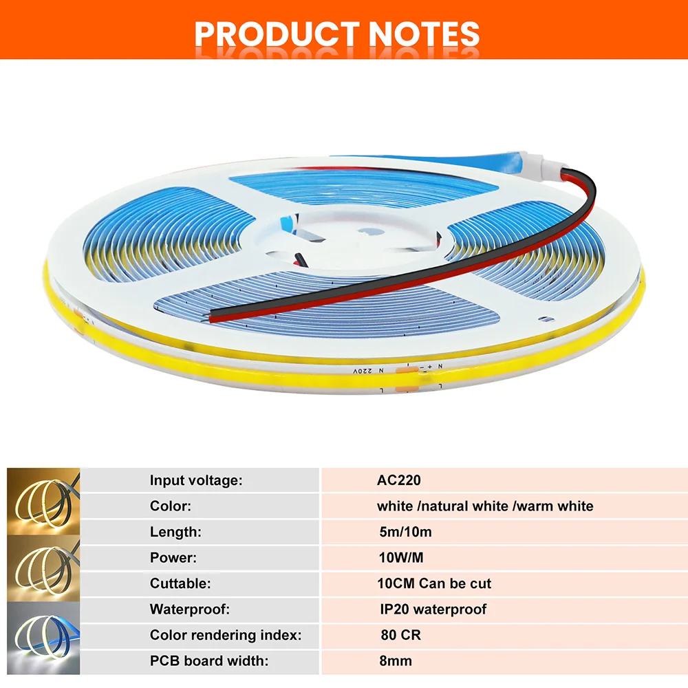 5m 10m 20m 50m COB LED Strip Light 220V 230V Flexible Tape Lights with IC Chip High Bright 240LEDs/m Linear Lighting RA90