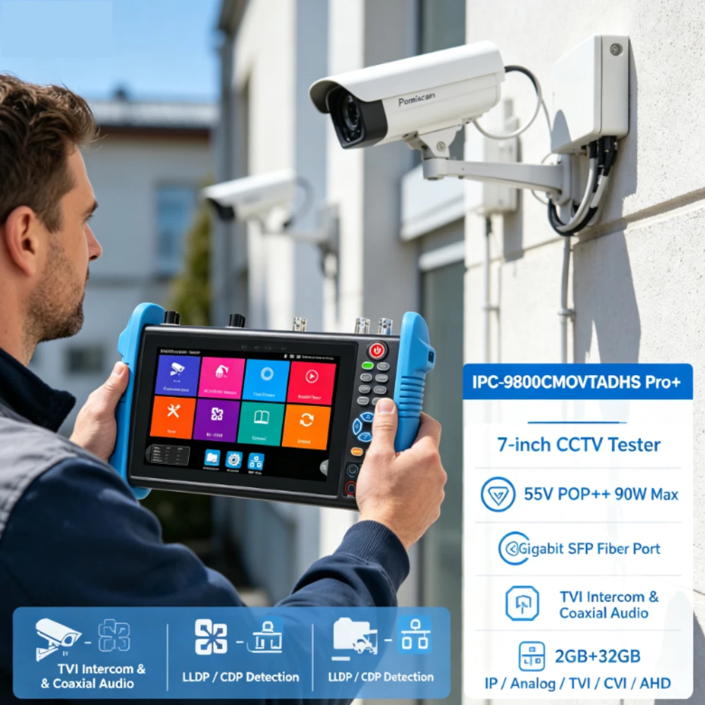 IP Analog TVI CVI AHD CCTV Tester 8K H.265 IP 90W PoE++ HDMI in & Output, VGA Input Dual Gigabit Ports  SFP Port UTP Cable Test