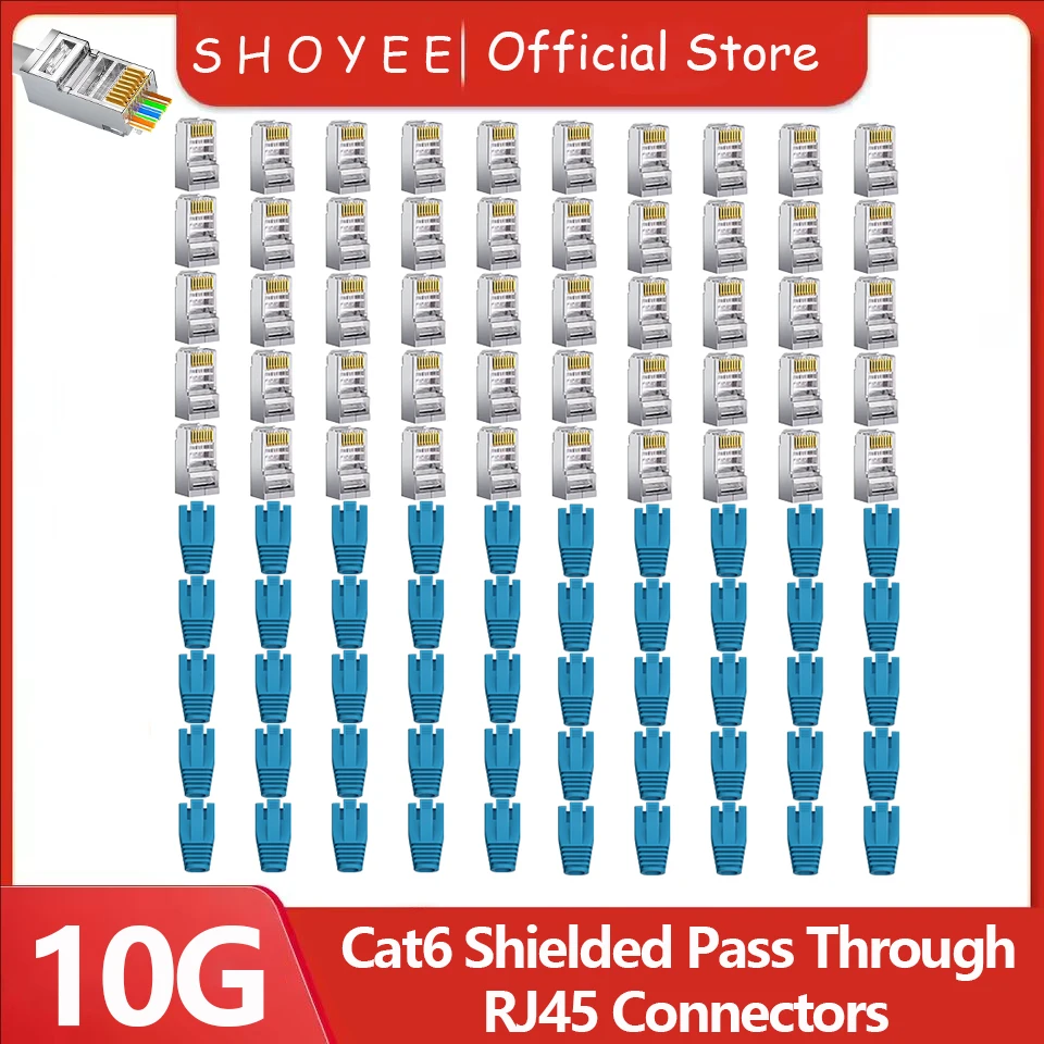 Cat6 Shielded RJ45 Pass Through Connectors with Strain Relief Boots  Cat6 Ethernet Modular Plug Network Cable, Supports 10Gbps
