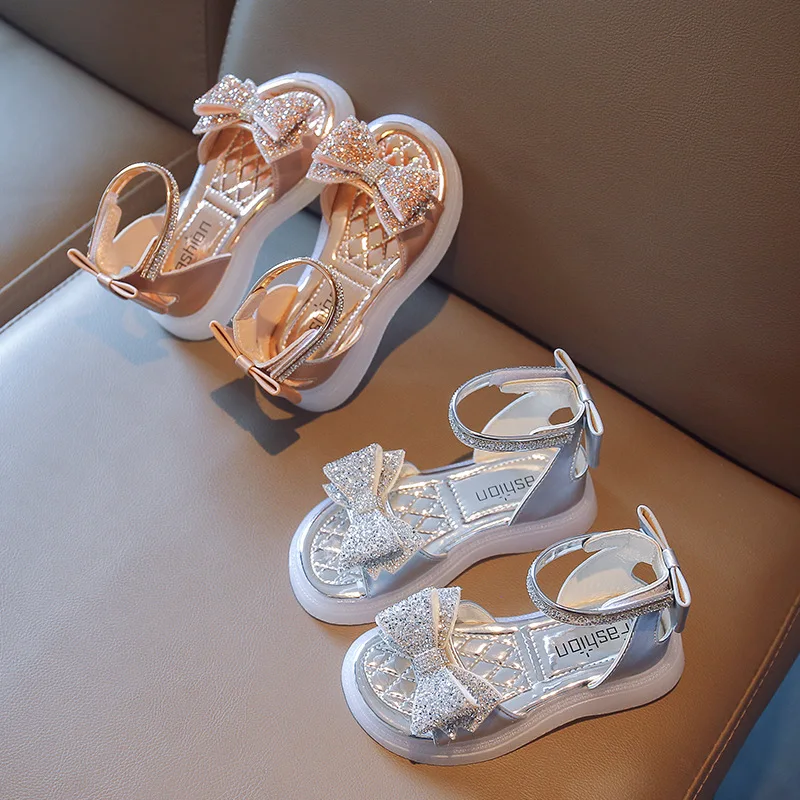 

Summer Children's Sandals Gladiator Rhinestone Bow Girls Sandals Crystal Princess Soft Soled Non-slip Open Toe Kids Beach Shoes