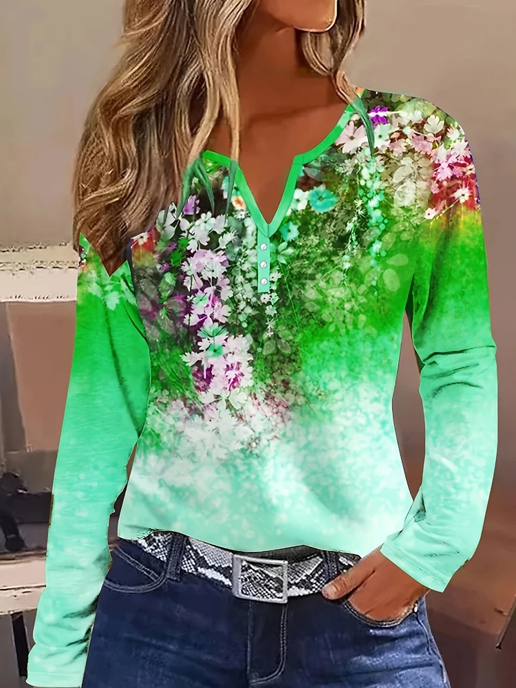 Autumn Stylish Floral Print V-Neck Button T-Shirt Women Green Spring Casual Long Sleeve Tees Vintage Streetwear Everyday Top