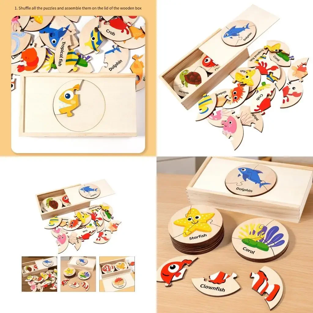 مجموعة ألغاز على شكل حيوانات بحرية خشبية آمنة للأطفال مع صندوق تخزين سهل لعبة مطابقة الشكل المعرفي مناسبة للسفر 15UB