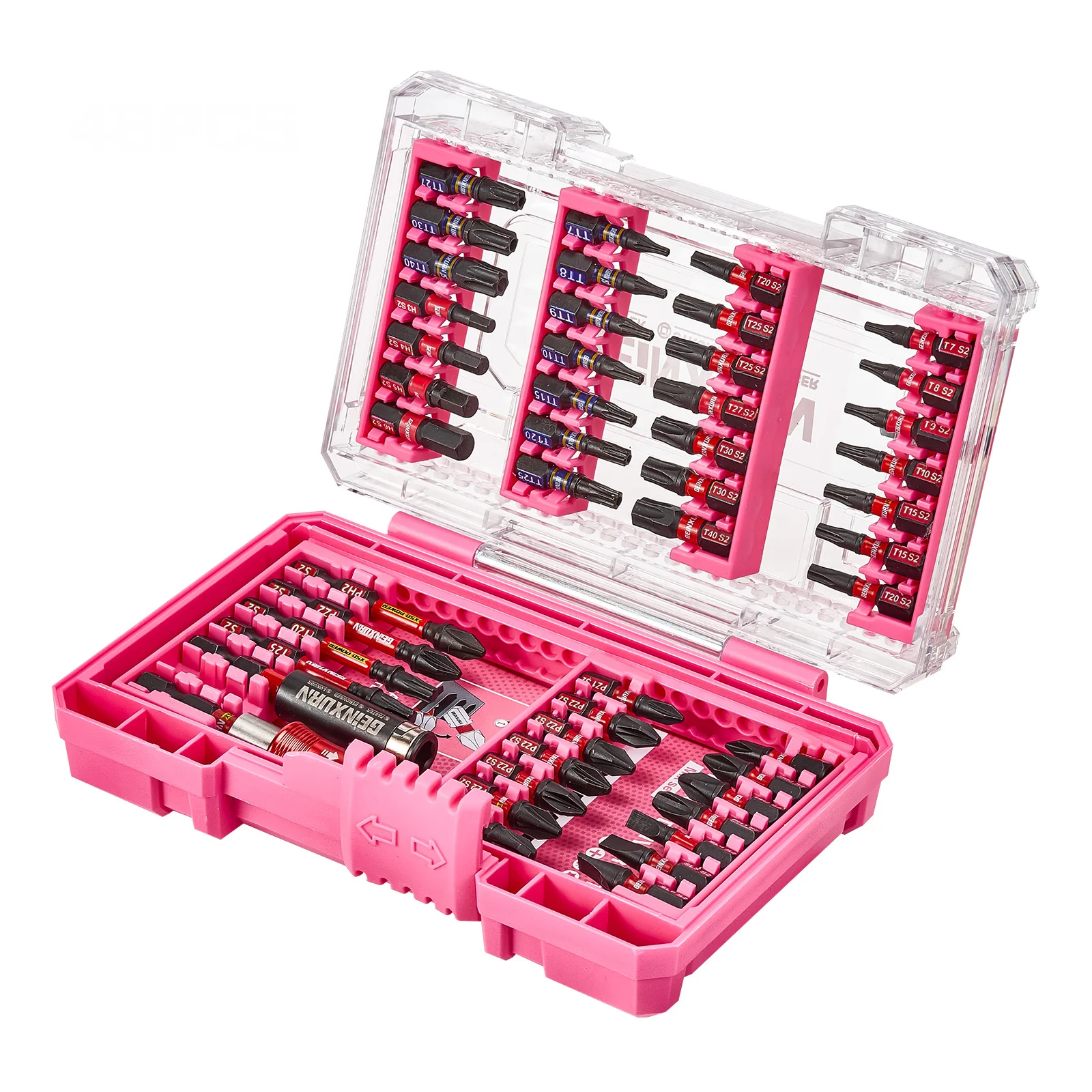 

Geinxurn Impact Screwdriver Bit Set with Tough Case(Pink), 48PCS S2 Steel Bit Set,1''/ 2" Long Impact bits with 2pcs bit holder