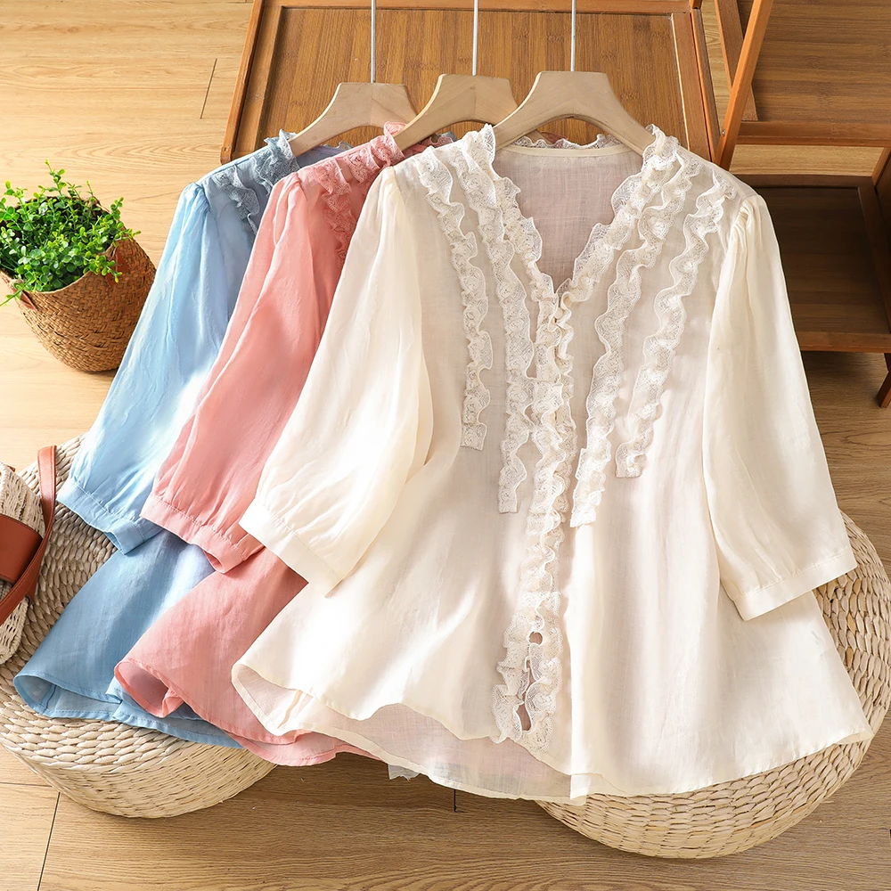 

plus Size Women's Shirt Lace Trim Loose Fit Summer New Style Fashionable Casual V-Neck Short Sleeve Open Cardigan Top