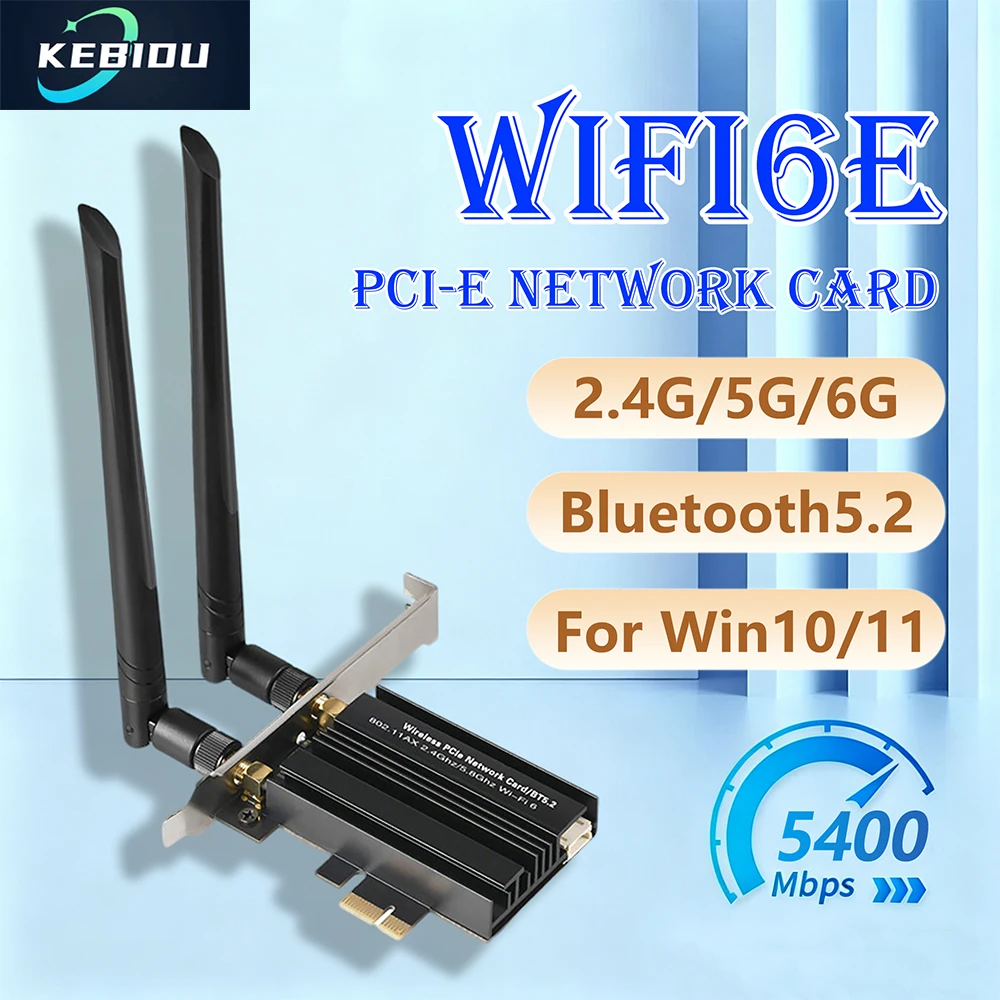 

Kebidu WiFi 6E AX5400 PCIe Adapter Bluetooth 5.2 Tri-Band 2.4G/5G/6GHz 802.11AX Network Wireless Receiver MU-MIMO for Win 10/11