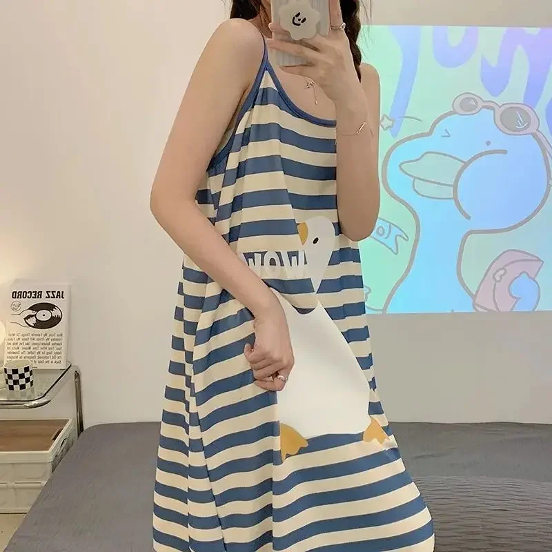 Super Large Size 150kg Loose Homewear Summer Pajamas Korean Sleeveless Maxi Dress Cartoon Stripe Suspenders Nightdress Sleepwear