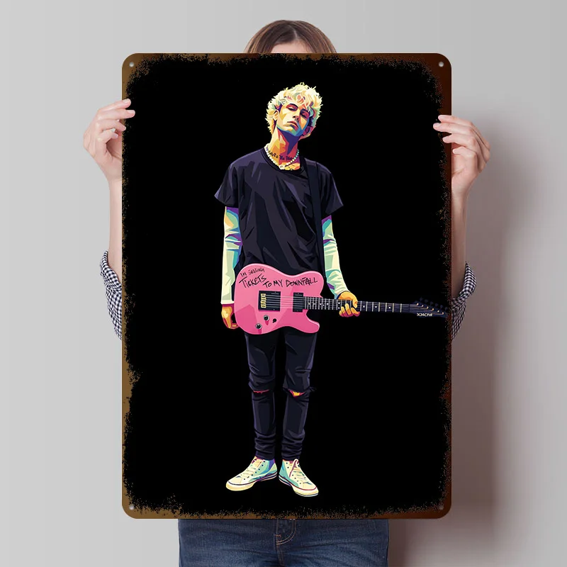 Machine Gun Kelly With Pink Guitar Printed Poster Customized Retro Wall Art Vintage Metal Tin Signs for Home Garage Decorations