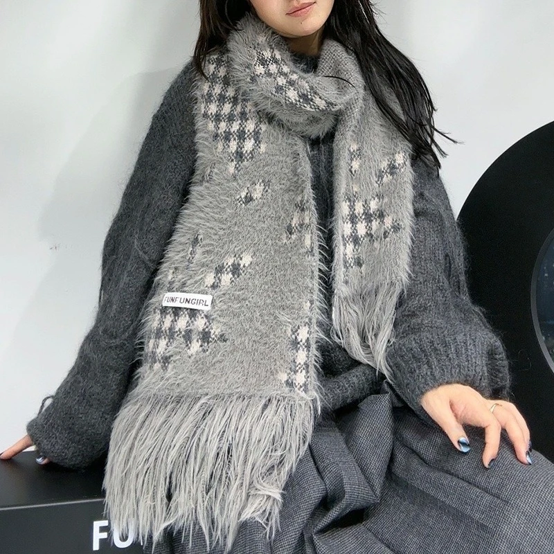 Plaid Wool Scarf for Women Thick Warm Winter Feather Soft Tassel Shawl Wrap Neck Cover for Daily Wear