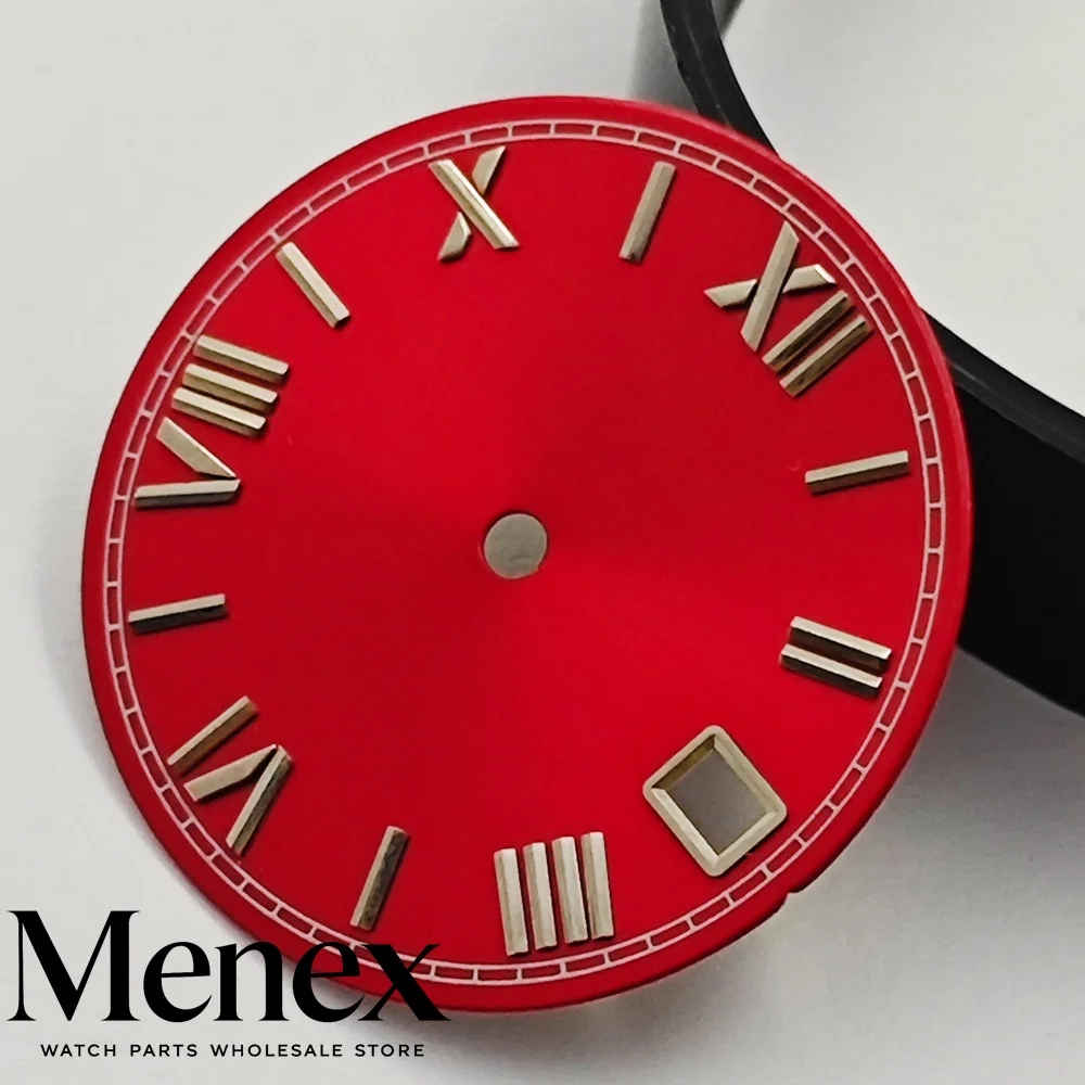 Menex 28.5mm Roman Numeral Watch Dial with Date Window Available in Silver Green Black Blue Gold for NH35 NH36 Movement Watch