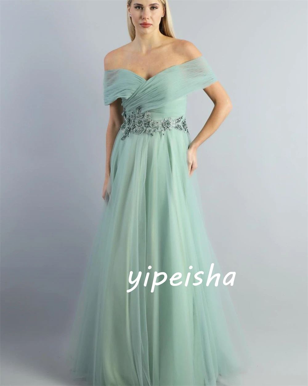 Jiayigong Saudi Arabia  Tulle Draped Pleat Applique Evening A-line Off-the-shoulder Bespoke Occasion Gown Long Dresses